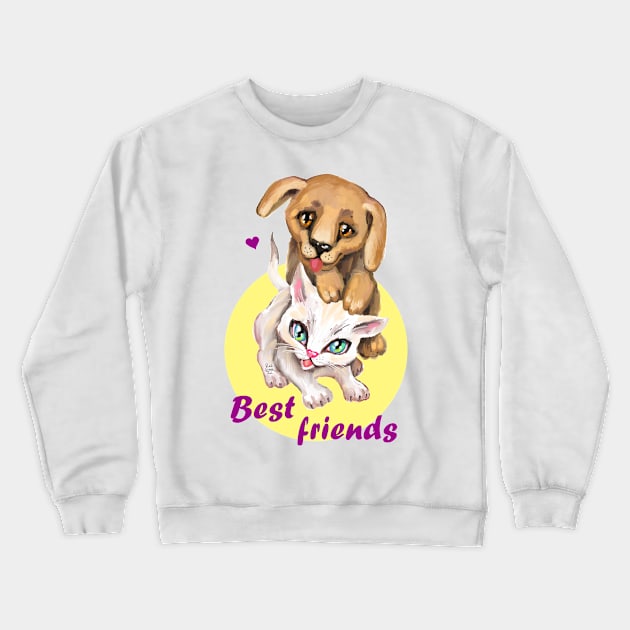 Cute small cat and dog. Sweet little baby pets. Kitten and puppy friends. Crewneck Sweatshirt by Rukki Zukki Art